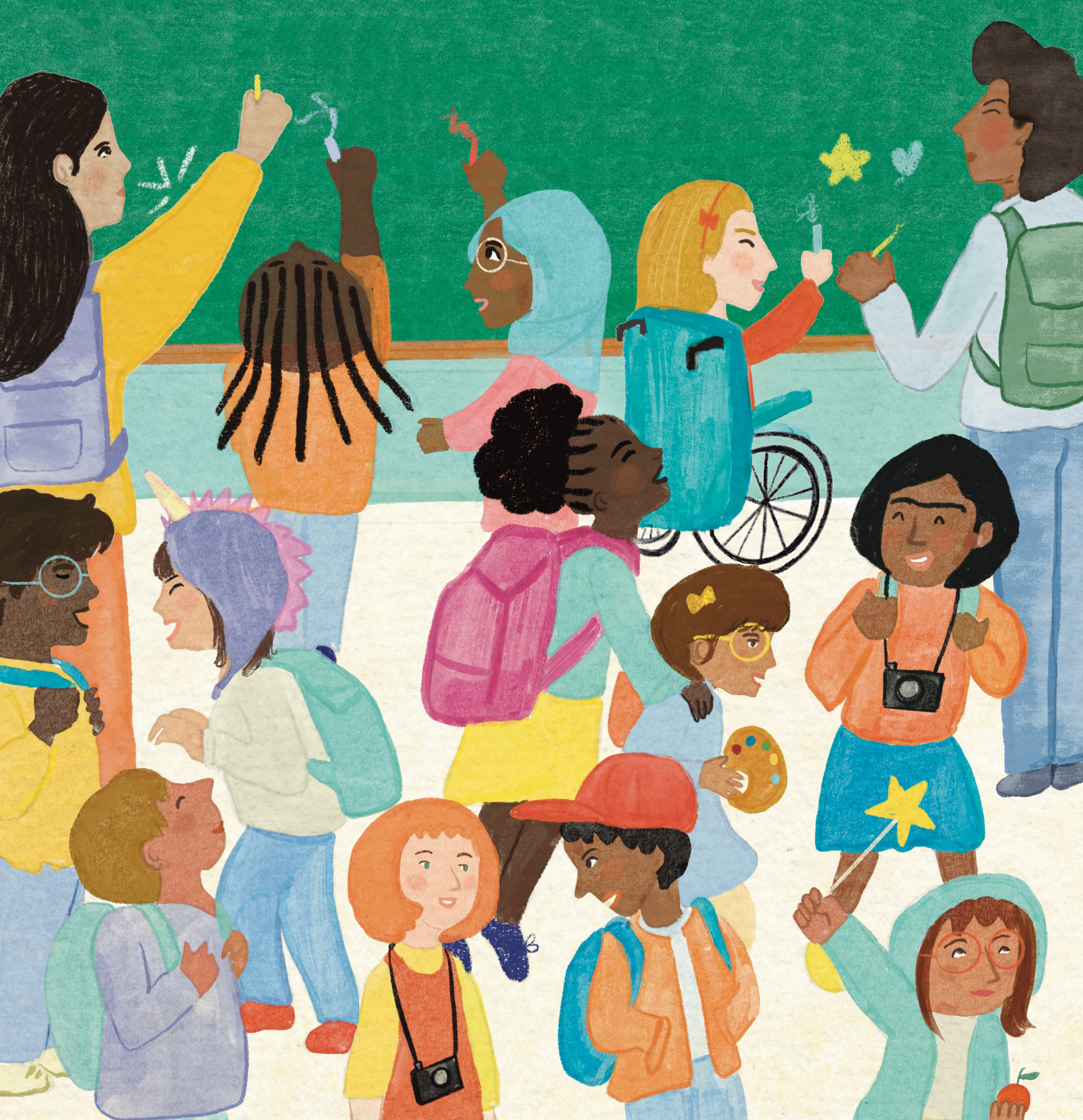 Cartoon graphic of a diverse group of young people standing at a chalk board