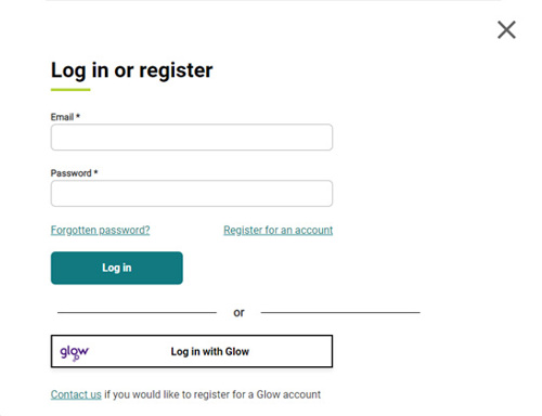 Log in or register pop-up screen